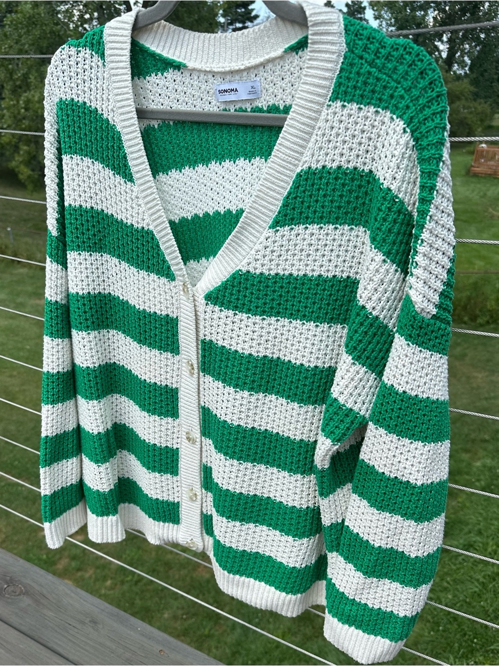 Plus Size Sonoma Green & White Striped V-Neck Button Cardigan